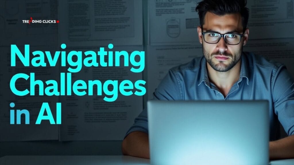Person working on a laptop with a concerned expression, representing challenges and regulatory hurdles in AI technology.