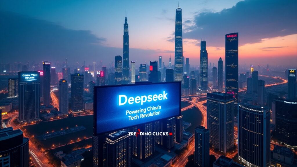 Skyline of a modern Chinese city with glowing lights and tech billboards, symbolizing Deepseek's role in China's tech ecosystem.