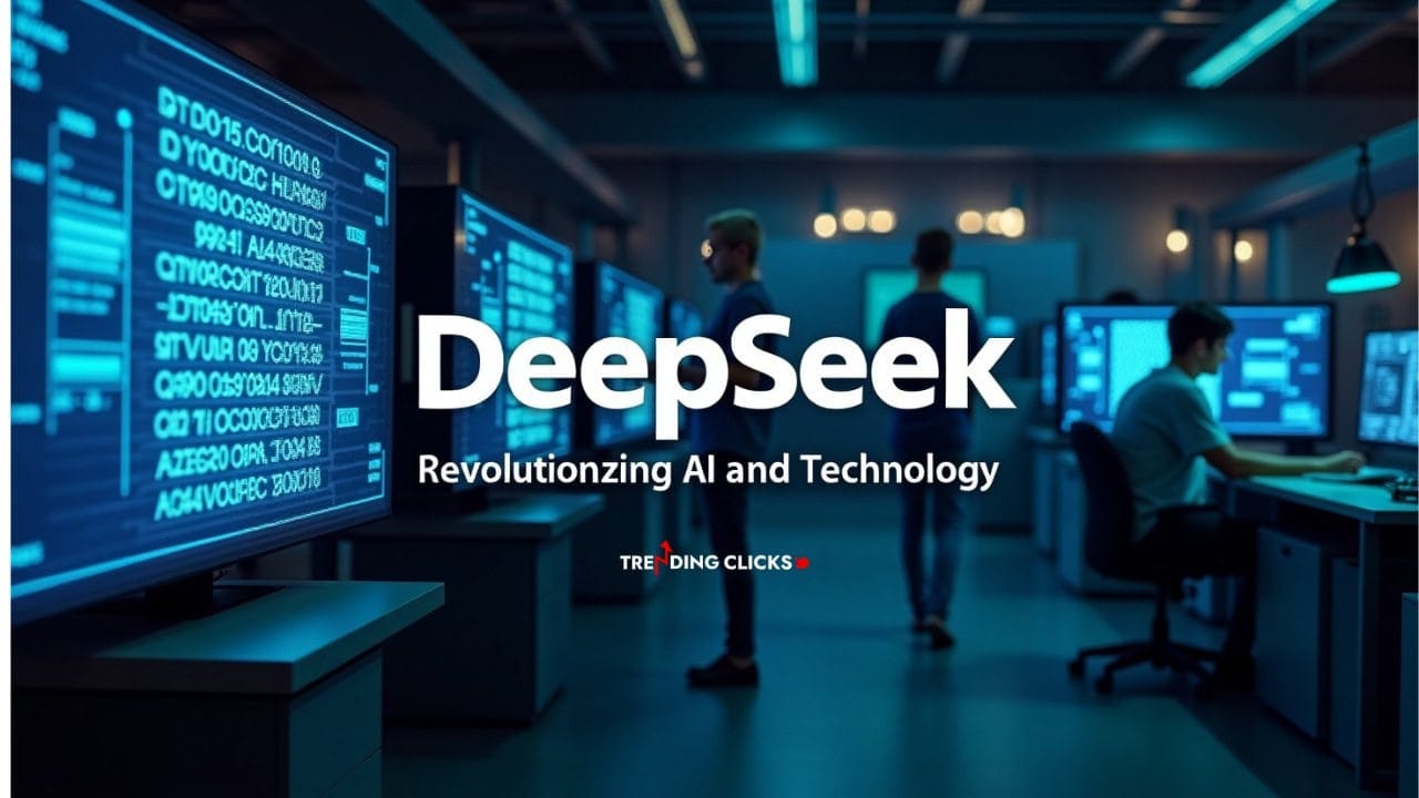 Futuristic tech lab with AI algorithms, robots, and engineers working together, representing Deepseek's innovative technology.