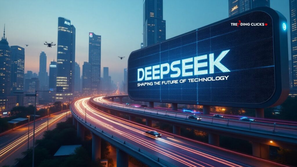 Futuristic cityscape with autonomous vehicles and smart buildings, illustrating Deepseek's vision for the future of technology.