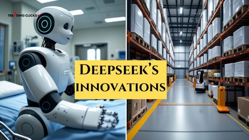 Split-screen image of a robot in healthcare and automated robots in logistics, highlighting Deepseek's innovations in AI.